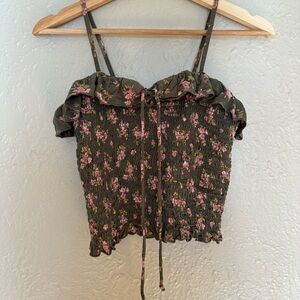 American Eagle Olive Floral Smocked Camisole